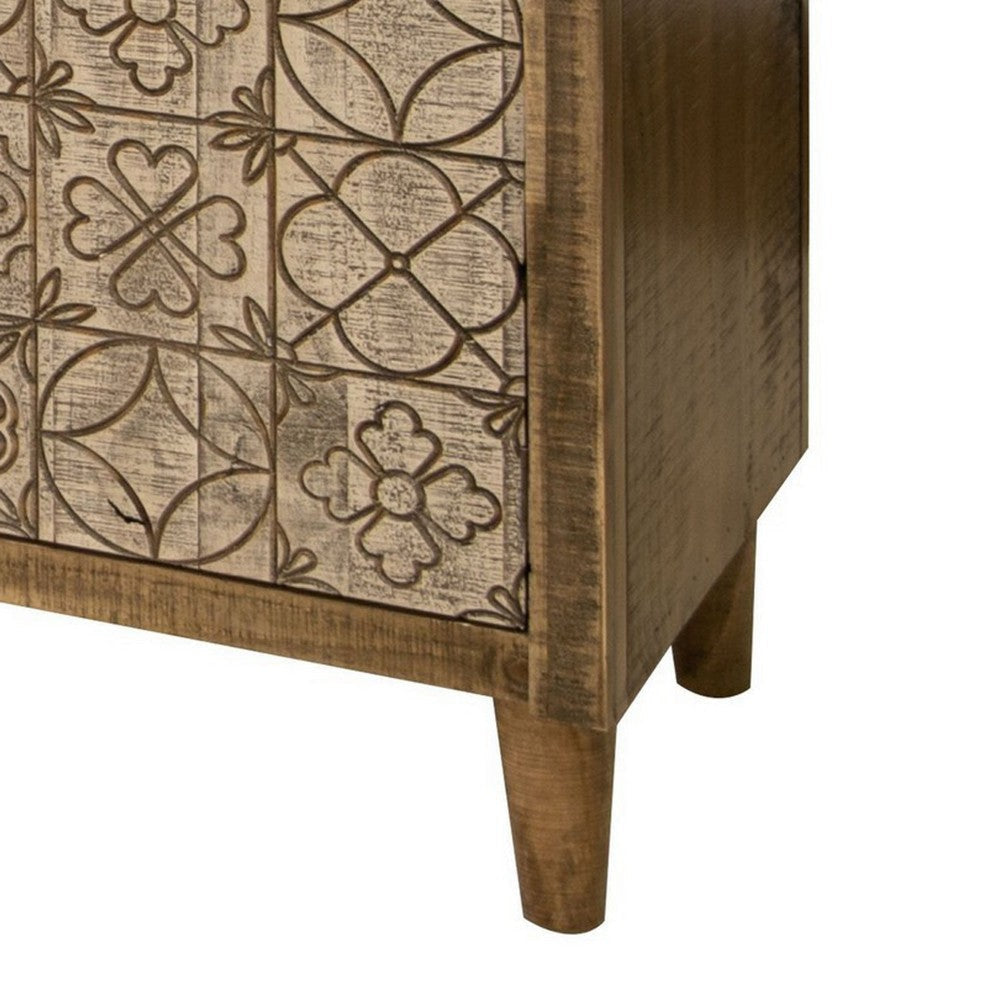 Vera 69 Inch Sideboard Console Brown Pine Wood 4 Doors Geometric Beige By Casagear Home BM311236