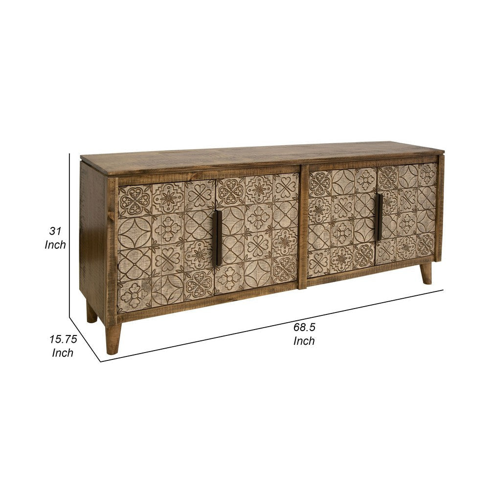 Vera 69 Inch Sideboard Console Brown Pine Wood 4 Doors Geometric Beige By Casagear Home BM311236