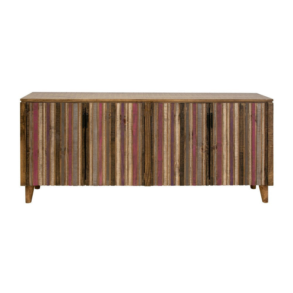 Texu 69 Inch Sideboard Console, Pine, 4 Doors, Pedant Handles, Brown, Pink By Casagear Home