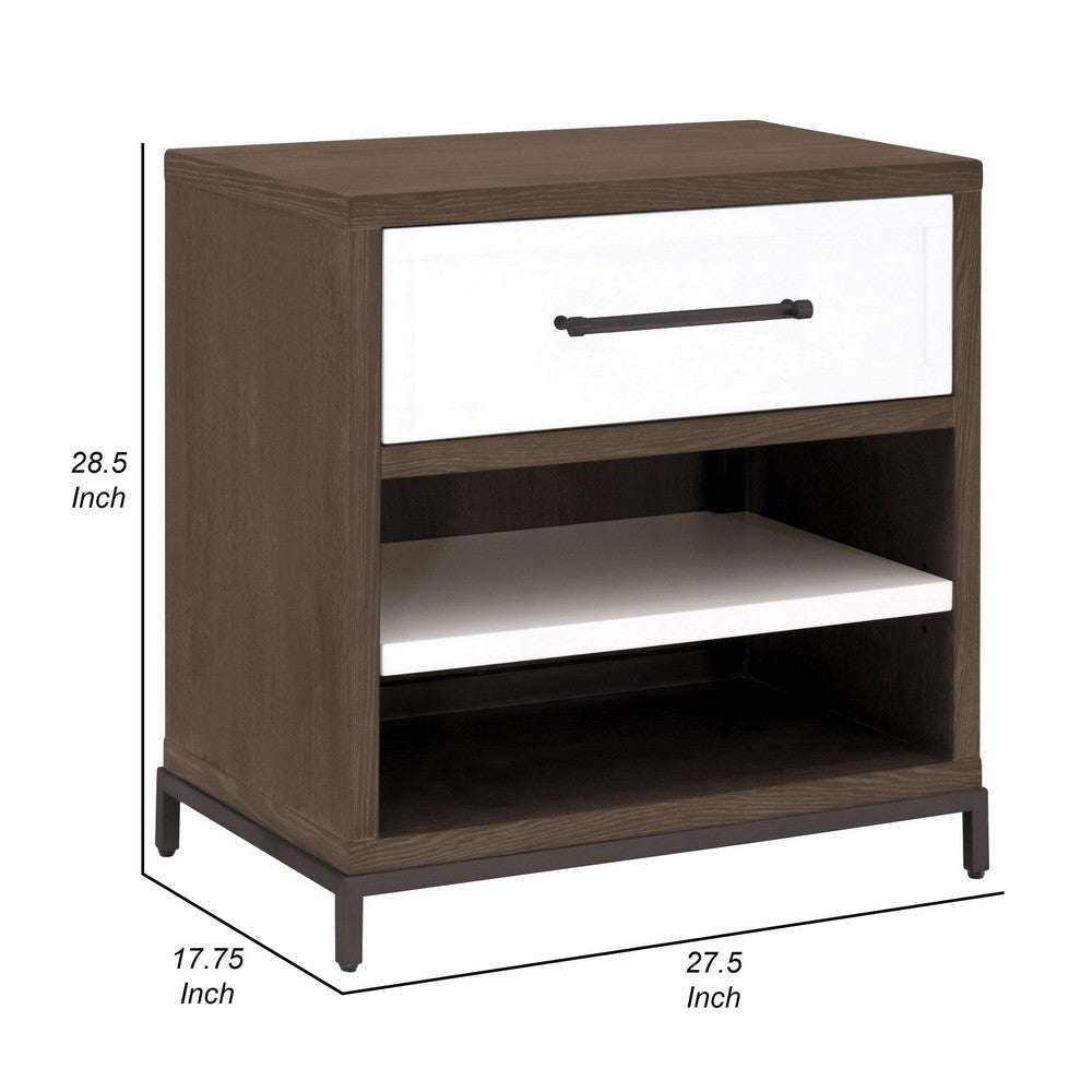 29 Inch Nightstand 1 Drawer with Handle 2 Open Spaces White and Brown By Casagear Home BM311362