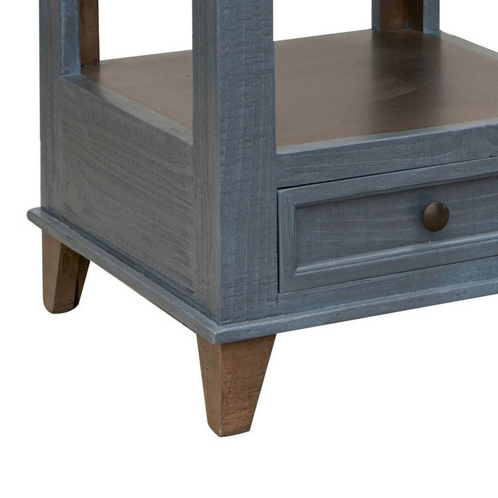 Rozy 26 Inch Side End Table Pine Wood 1 Drawer Open Shelf Brown Blue By Casagear Home BM311497