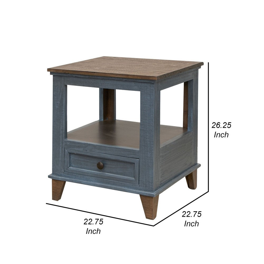 Rozy 26 Inch Side End Table Pine Wood 1 Drawer Open Shelf Brown Blue By Casagear Home BM311497