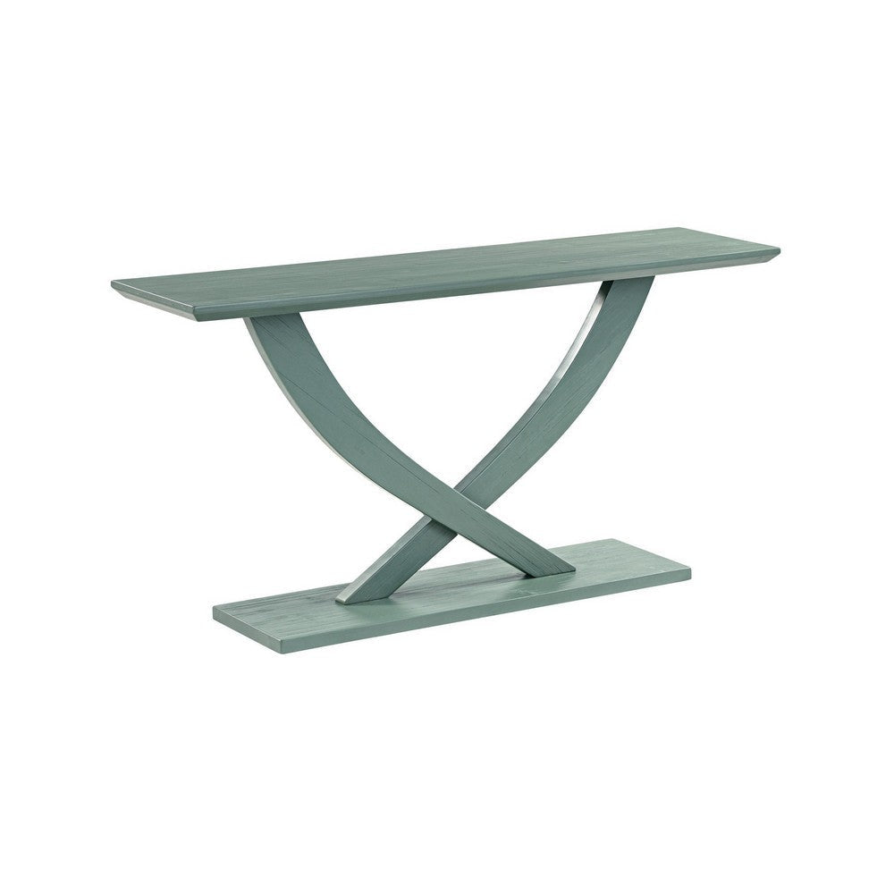 Rase 57 Inch Console Table, Cross Leg Design, Pedestal Base, Gray Green By Casagear Home