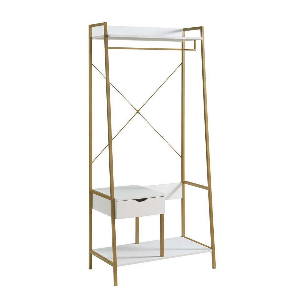 Bery 71 Inch Clothing Rack, 1 Drawer, 1 Hanging Rod Open Shelf, White, Gold By Casagear Home