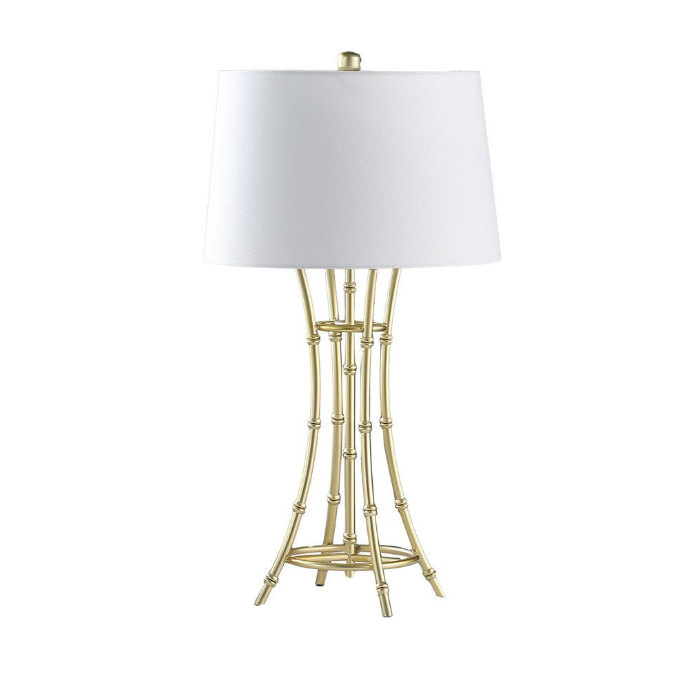 Lisi 29 Inch Table Lamp, White Drum Shade, Gold Mettalic Bamboo Style Base By Casagear Home