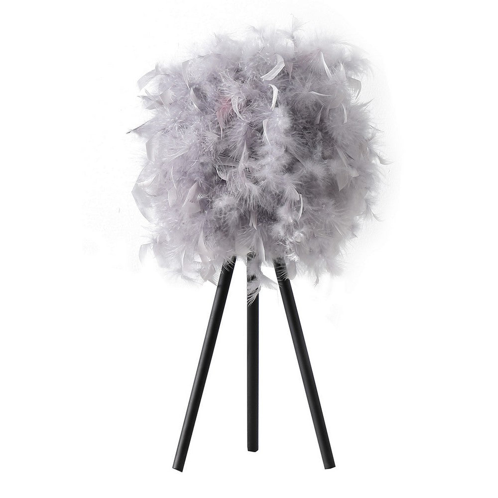 Rio 21 Inch Accent Table Lamp Gray Feather Shade Black Metal Tripod Base By Casagear Home BM311584