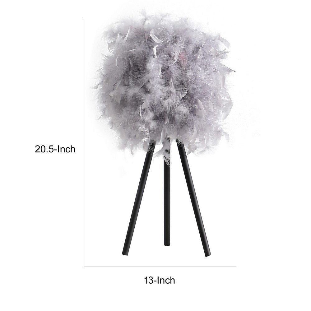 Rio 21 Inch Accent Table Lamp Gray Feather Shade Black Metal Tripod Base By Casagear Home BM311584