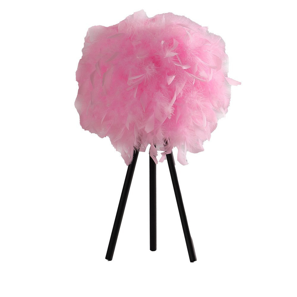 Rio 21 Inch Accent Table Lamp, Pink Feather Shade, Black Metal Tripod Base By Casagear Home