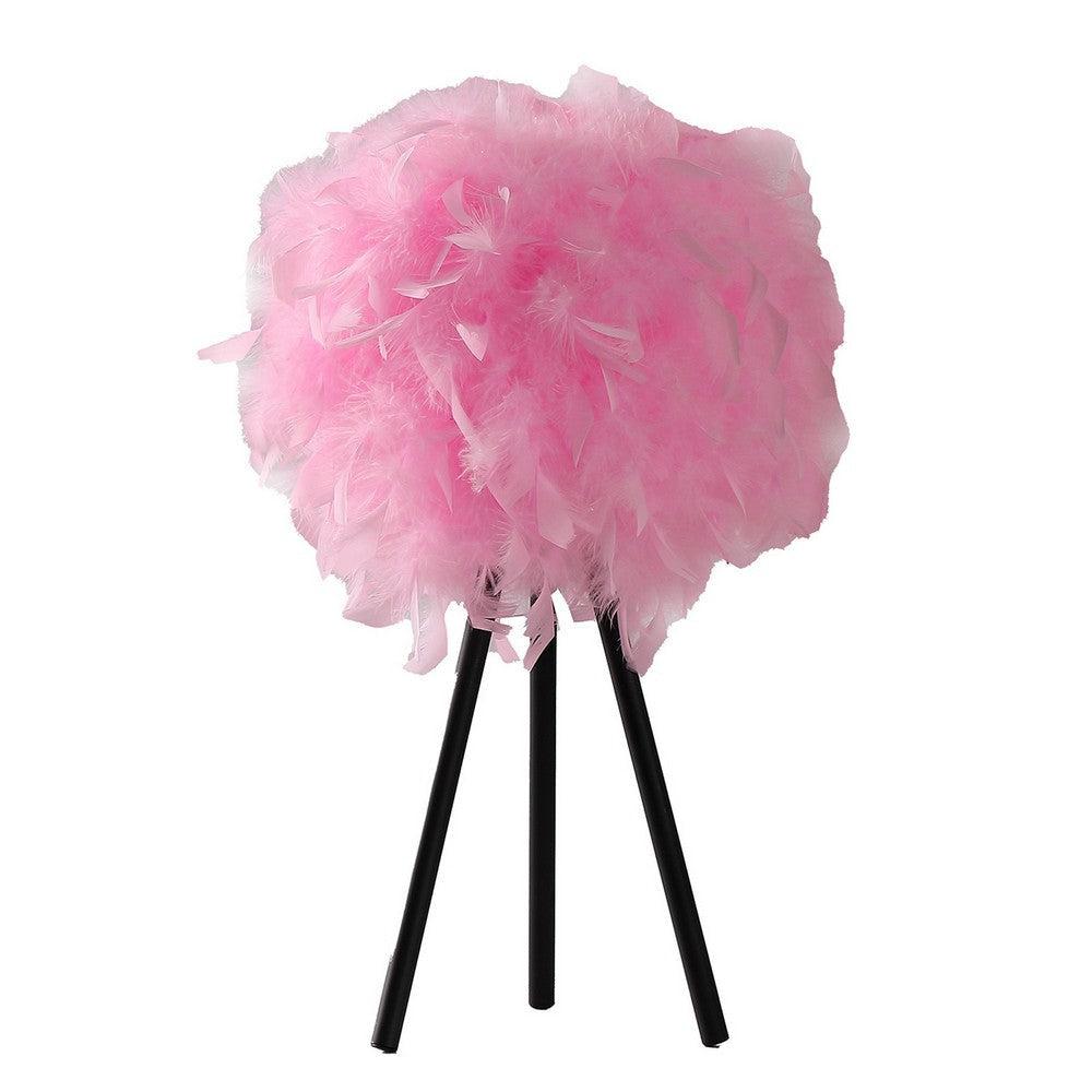 Rio 21 Inch Accent Table Lamp Pink Feather Shade Black Metal Tripod Base By Casagear Home BM311585