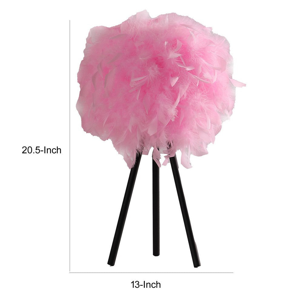 Rio 21 Inch Accent Table Lamp Pink Feather Shade Black Metal Tripod Base By Casagear Home BM311585