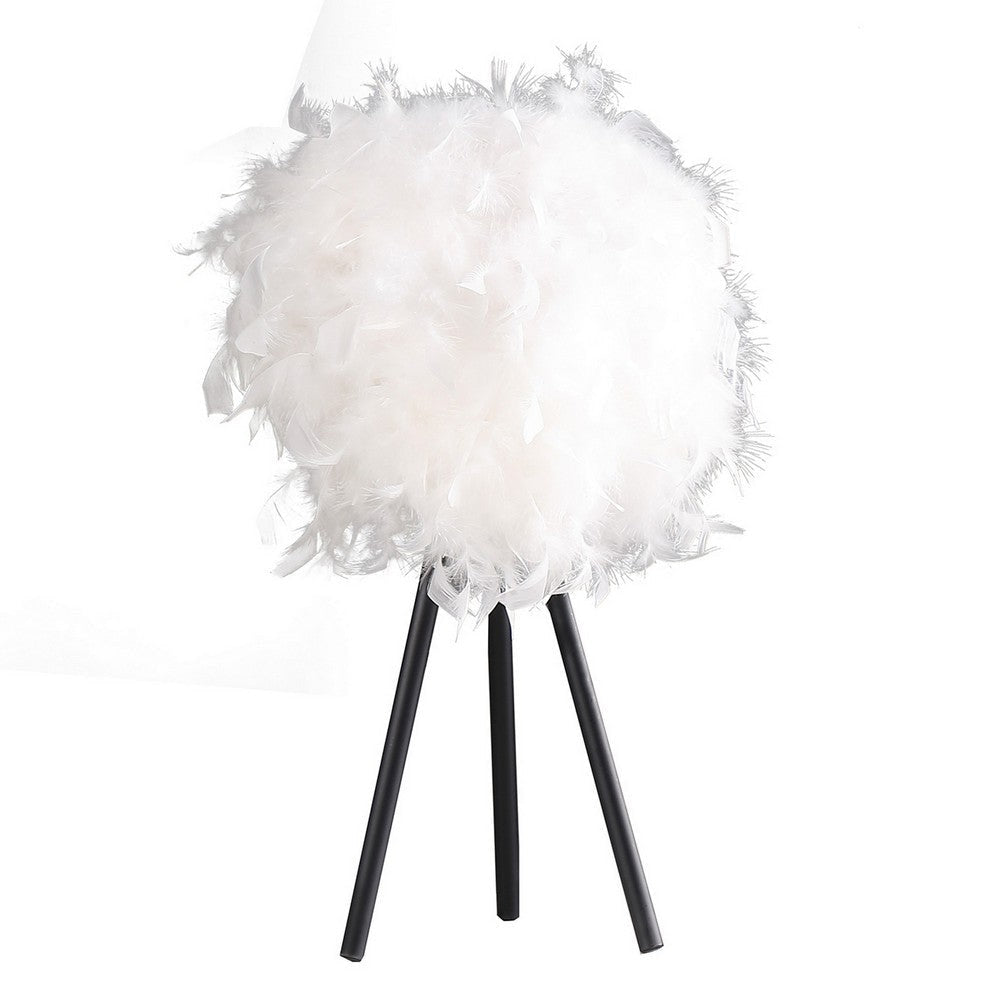 Rio 21 Inch Accent Table Lamp White Feather Shade Black Metal Tripod Base By Casagear Home BM311586