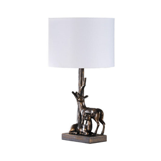 20 Inch Accent Table Lamp, Dual Roe Deer Design, White Drum Shade, Bronze By Casagear Home