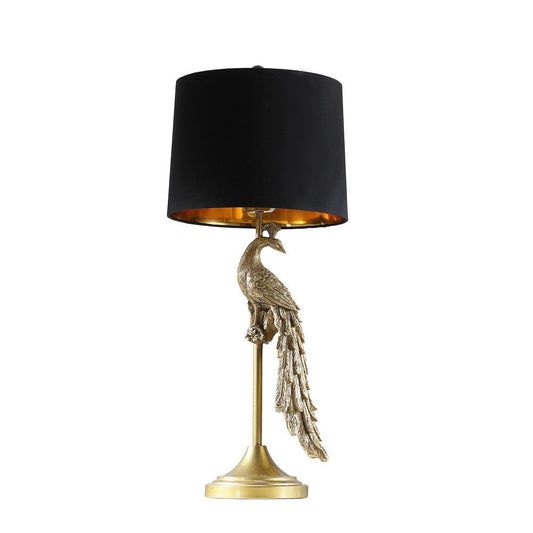 29 Inch Peacock Table Lamp, Gold Polyresin Sculpture, Black Drum Shade By Casagear Home