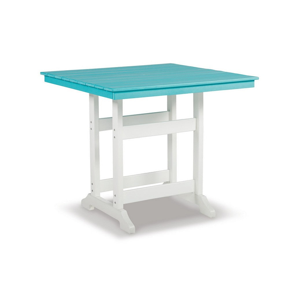 Ely 42 Inch Counter Height Dining Table, Outdoor Slatted, Turquoise, White By Casagear Home