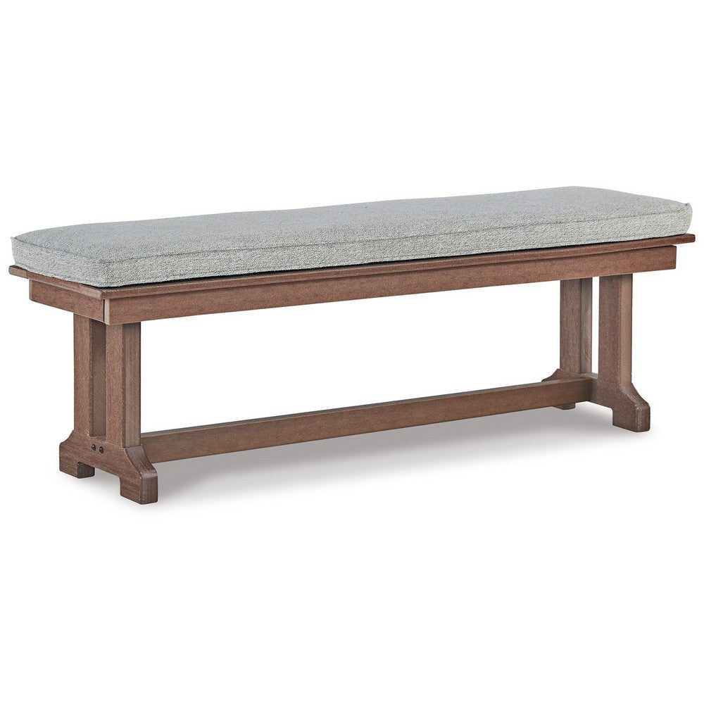 Emme 54 Inch Outdoor Dining Bench, Brown Base, Gray Padded Cushioning By Casagear Home