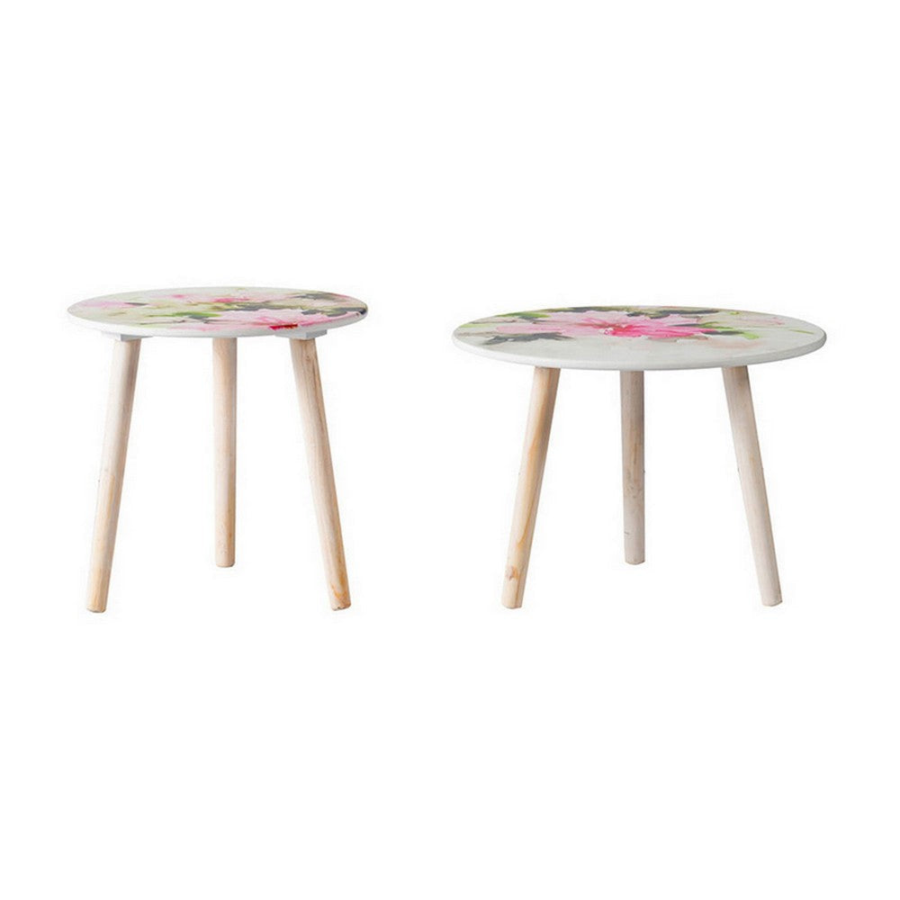 Byle 16 20 Inch Side Table Set of 2 Floral Design Pink and White By Casagear Home BM311668