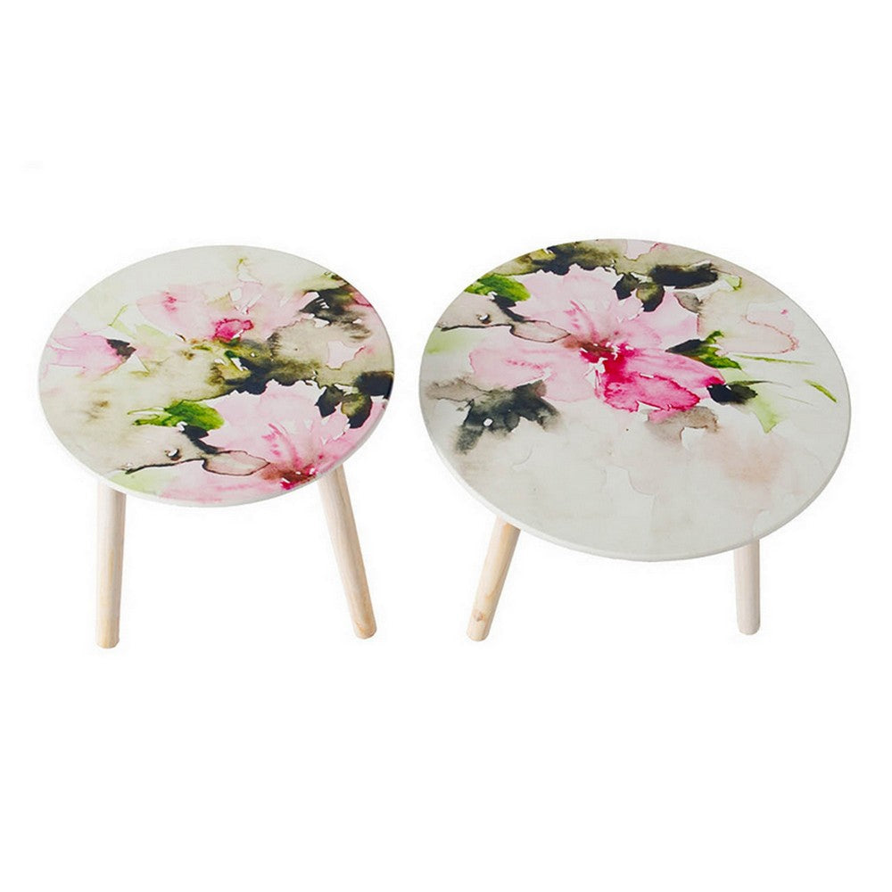 Byle 16 20 Inch Side Table Set of 2 Floral Design Pink and White By Casagear Home BM311668