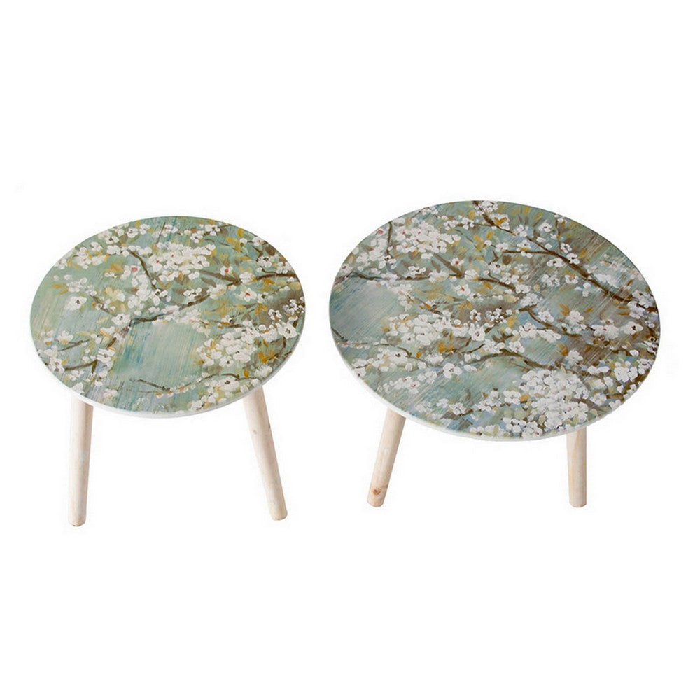 Byle 16 20 Inch Side Table Set of 2 Floral Design Cherry Blossom Blue By Casagear Home BM311669