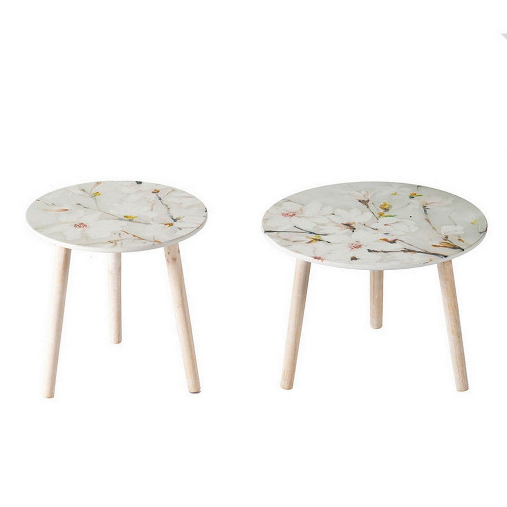 Byle 16, 20 Inch Side Table Set of 2, Floral Design, Cherry Blossom, White By Casagear Home