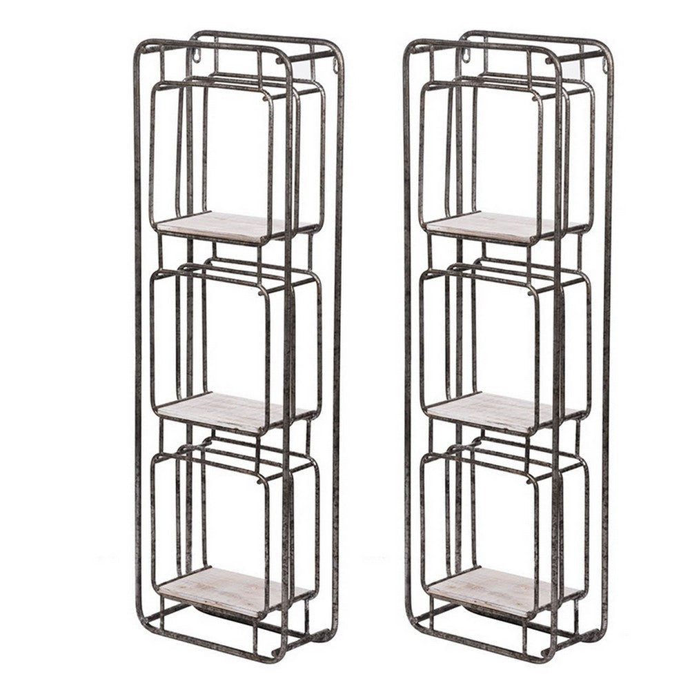 36 Inch Shelves Set of 2, 3 Tier Design, Iron Frame, Wood, Gray Finish By Casagear Home