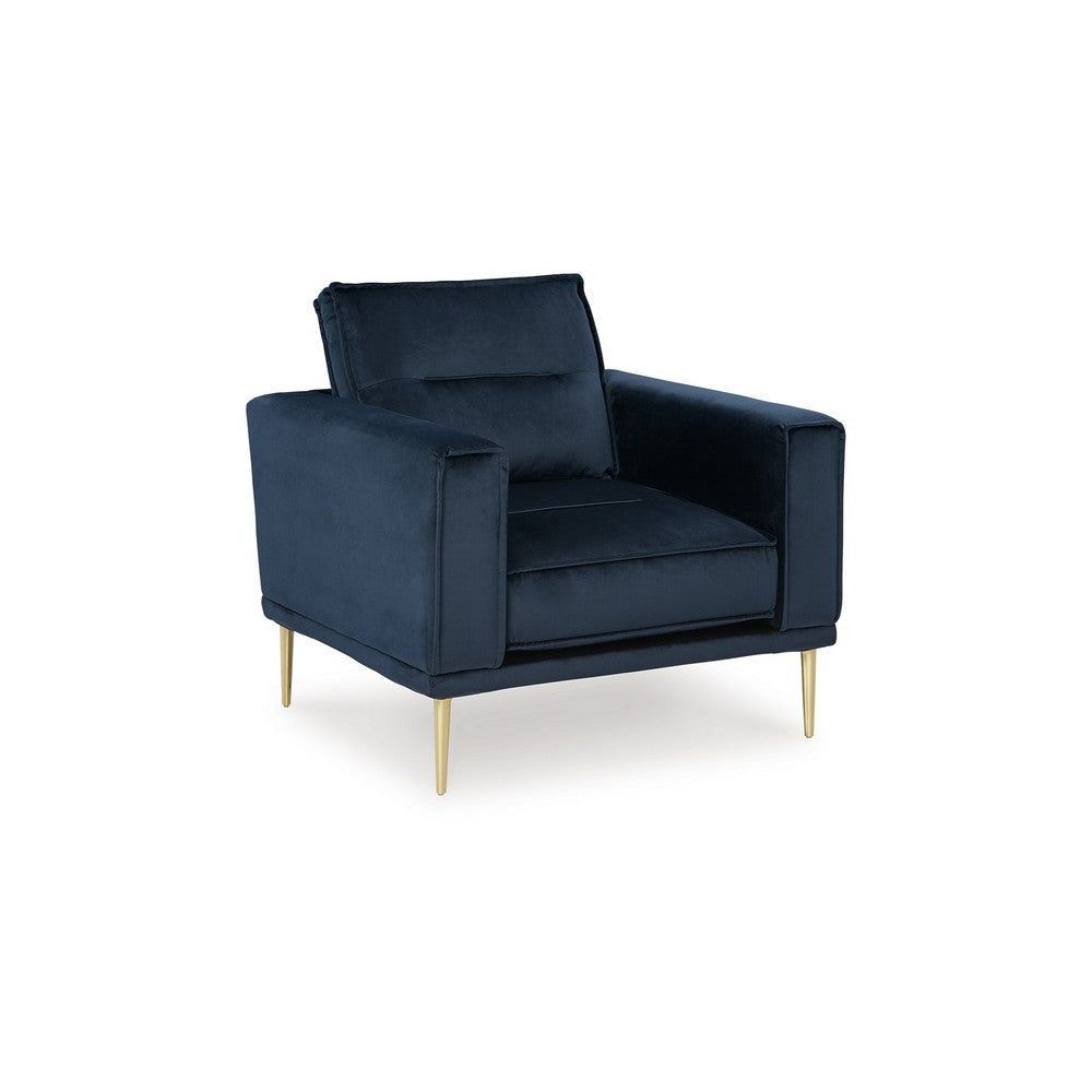 Maca 35 Inch Accent Chair, Navy Blue Polyester and Brass Metal Legs By Casagear Home