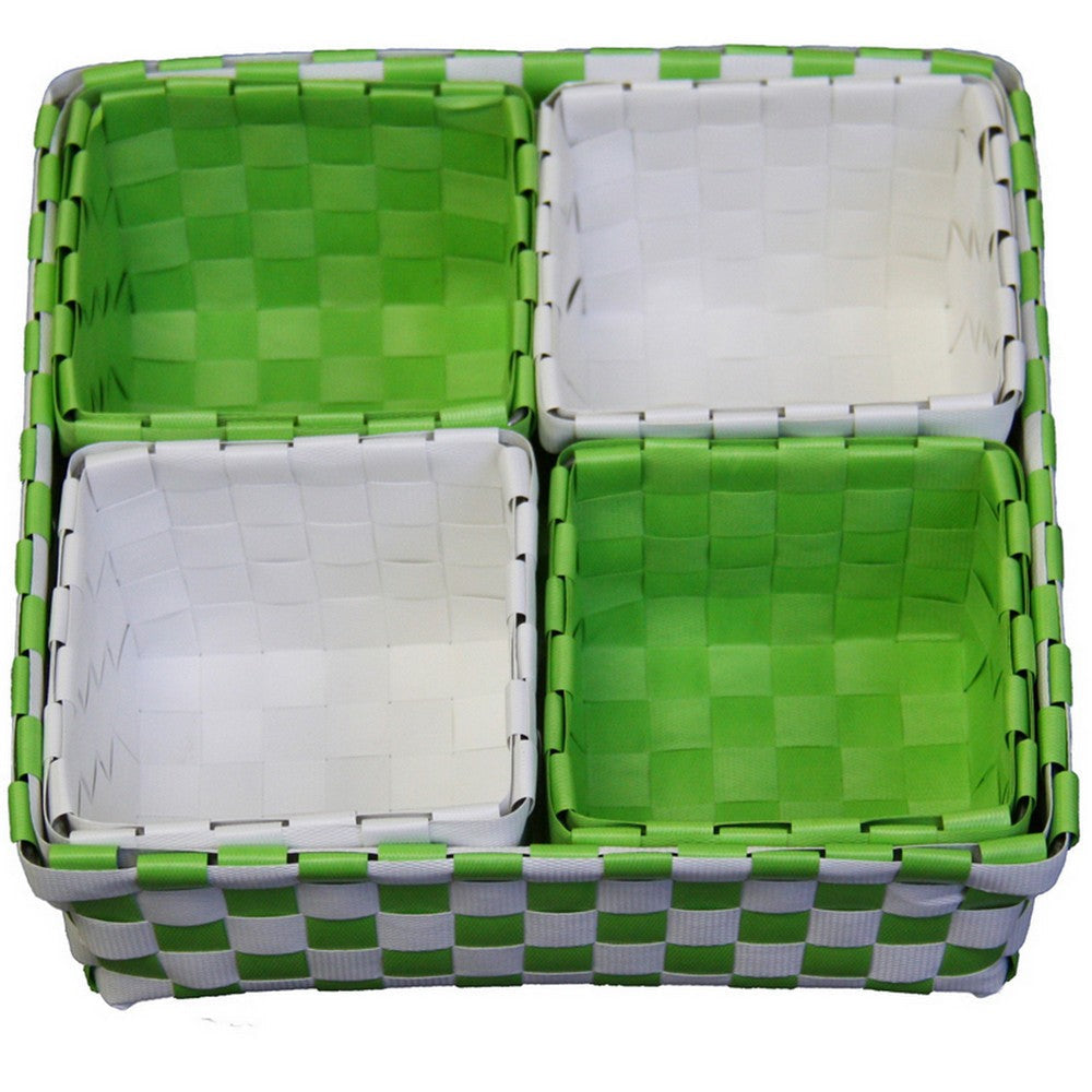 5 Piece Basket and Trays, Hand Woven, Checkered Pattern, Green and White By Casagear Home