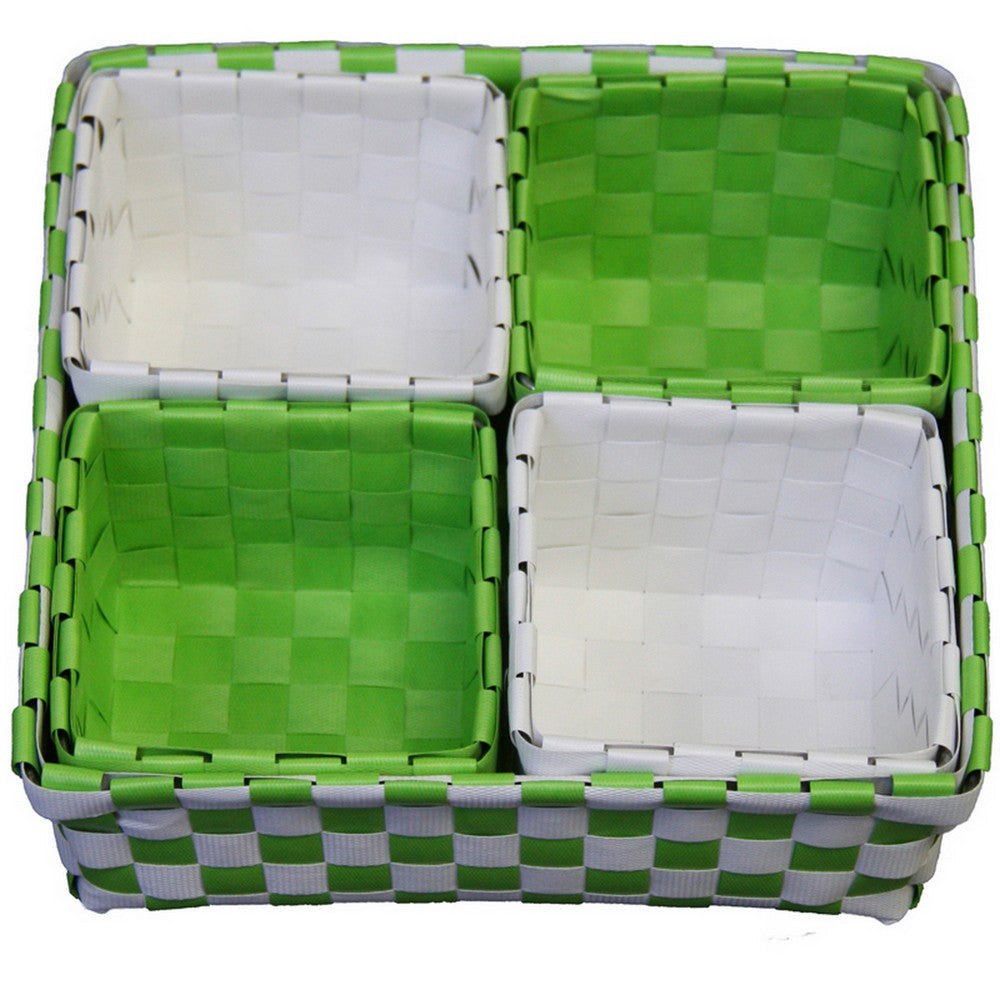 5 Piece Basket and Trays Hand Woven Checkered Pattern Green and White By Casagear Home BM311747