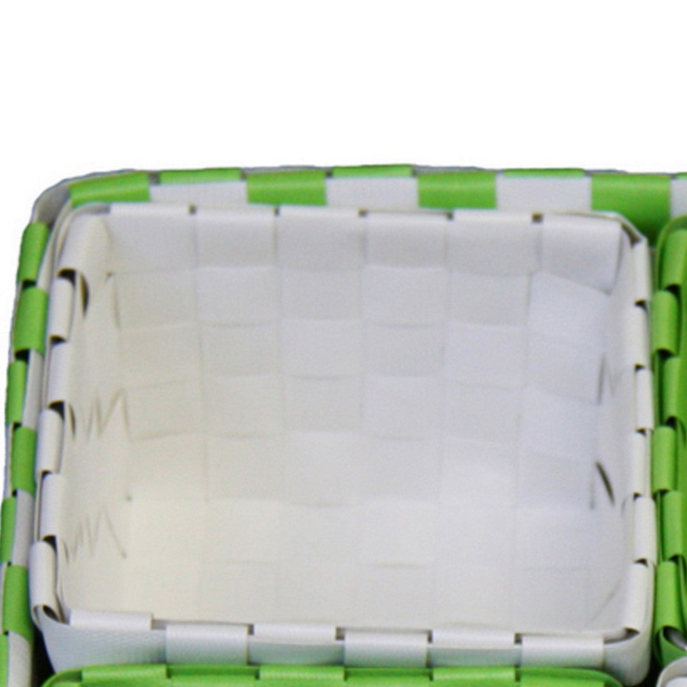 5 Piece Basket and Trays Hand Woven Checkered Pattern Green and White By Casagear Home BM311747