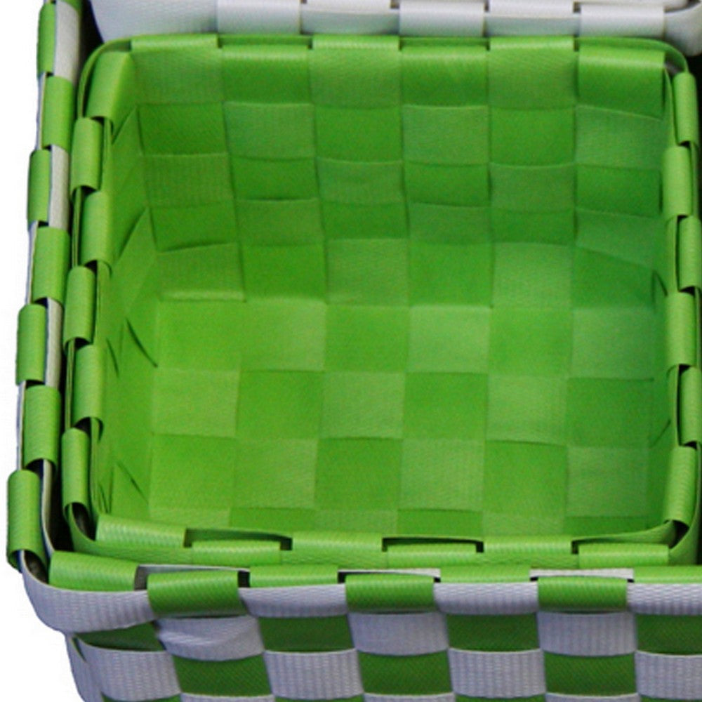 5 Piece Basket and Trays Hand Woven Checkered Pattern Green and White By Casagear Home BM311747