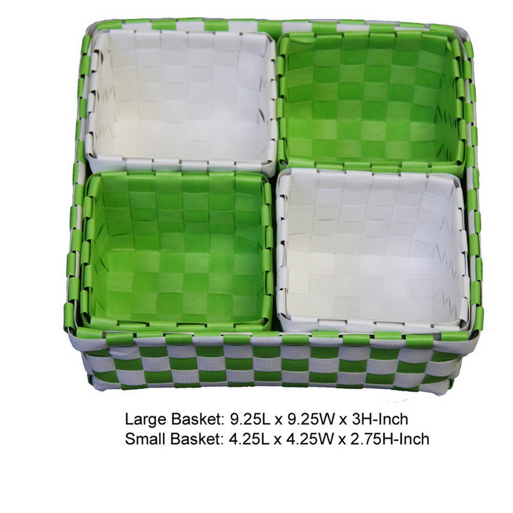 5 Piece Basket and Trays Hand Woven Checkered Pattern Green and White By Casagear Home BM311747