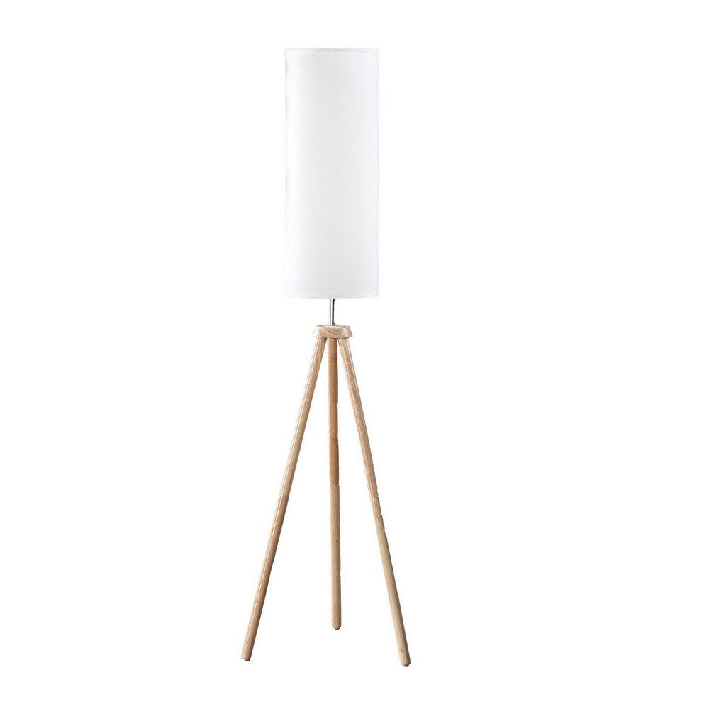 58 Inch Floor Lamp, Tall Glam Drum White Shade, Metal Tripod Body, Brown By Casagear Home