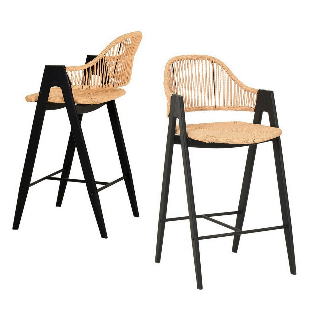 26 Inch Counter Stool Chair Set of 2 Woven Back Iron Frame Rattan Beige By Casagear Home BM311761