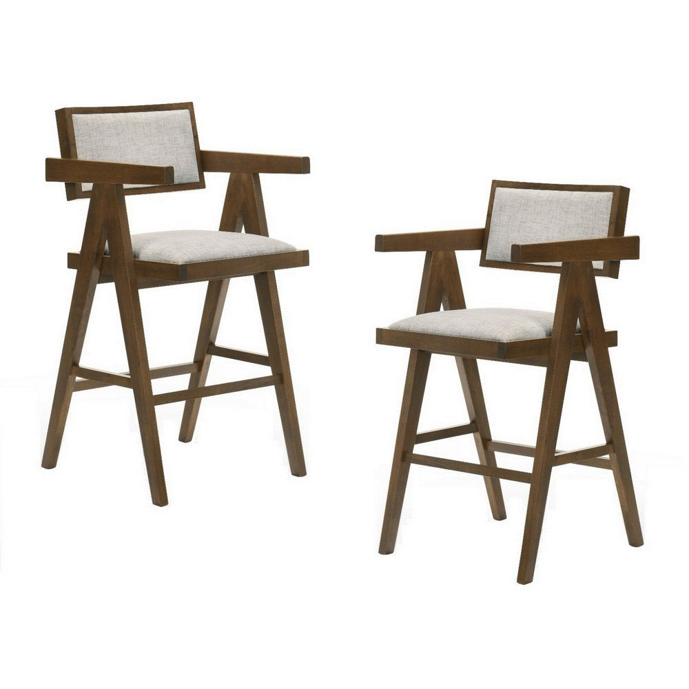 26 Inch Walnut Counter Stool Chair Set of 2 Soft Beige Fabric Upholstery By Casagear Home BM311763