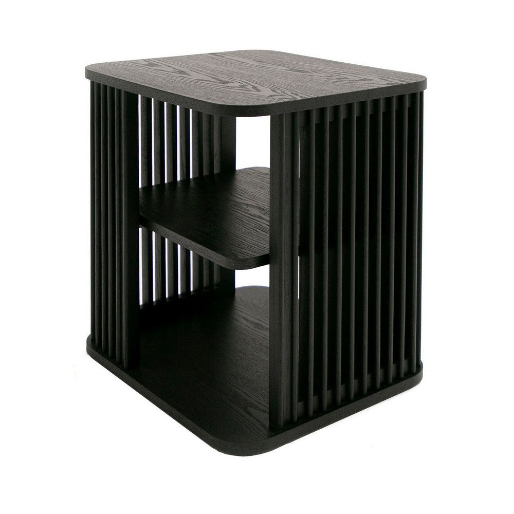 19 Inch Side End Table, 3 Shelves, Modern Vertical Slats, Black Ash Wood By Casagear Home