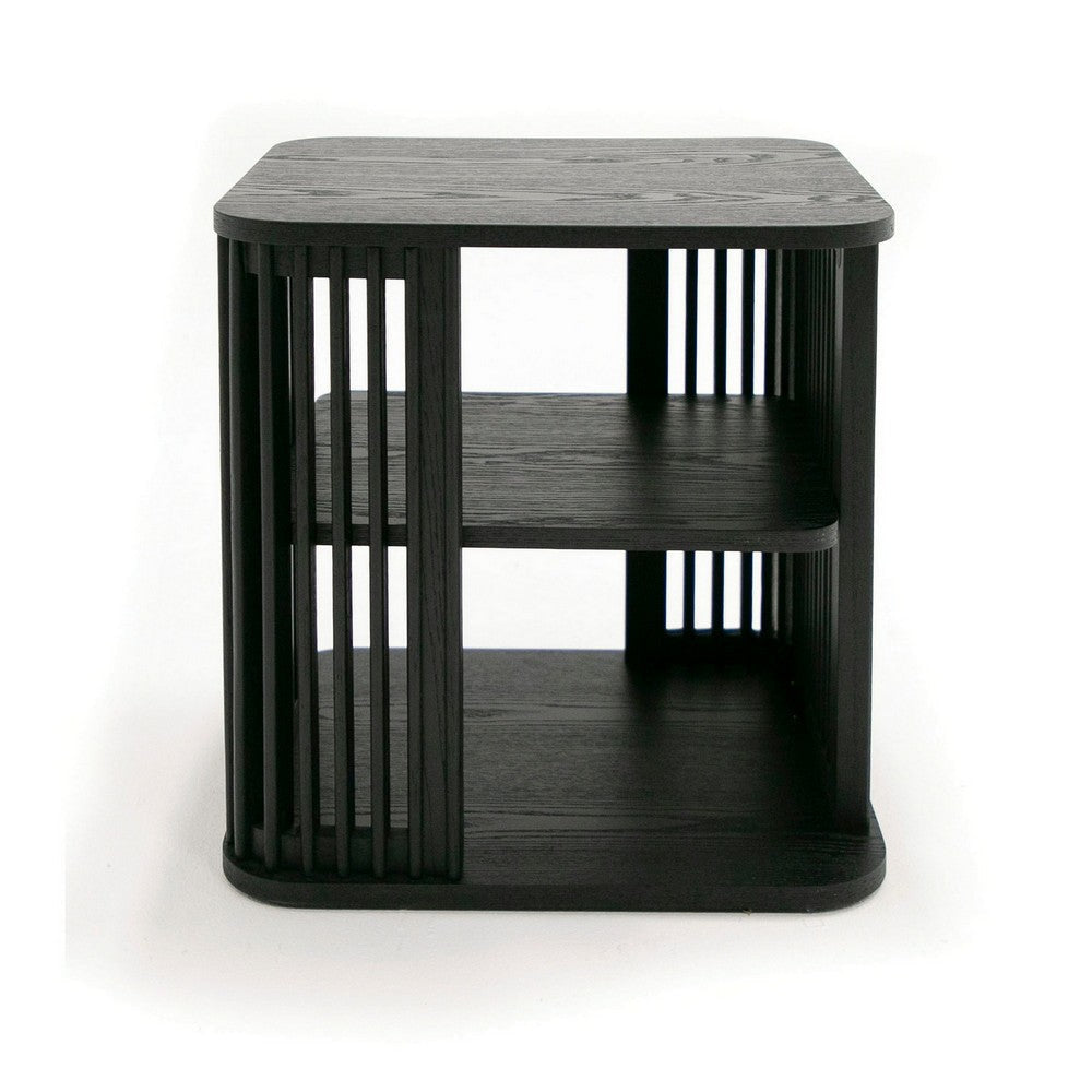 19 Inch Side End Table 3 Shelves Modern Vertical Slats Black Ash Wood By Casagear Home BM311774