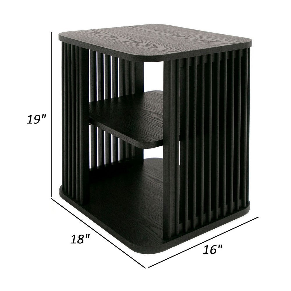 19 Inch Side End Table 3 Shelves Modern Vertical Slats Black Ash Wood By Casagear Home BM311774