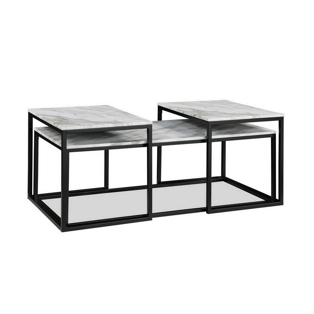 Rebecca 3pc Nesting Coffee and End Table Set, Black Metal, White Marble Top By Casagear Home