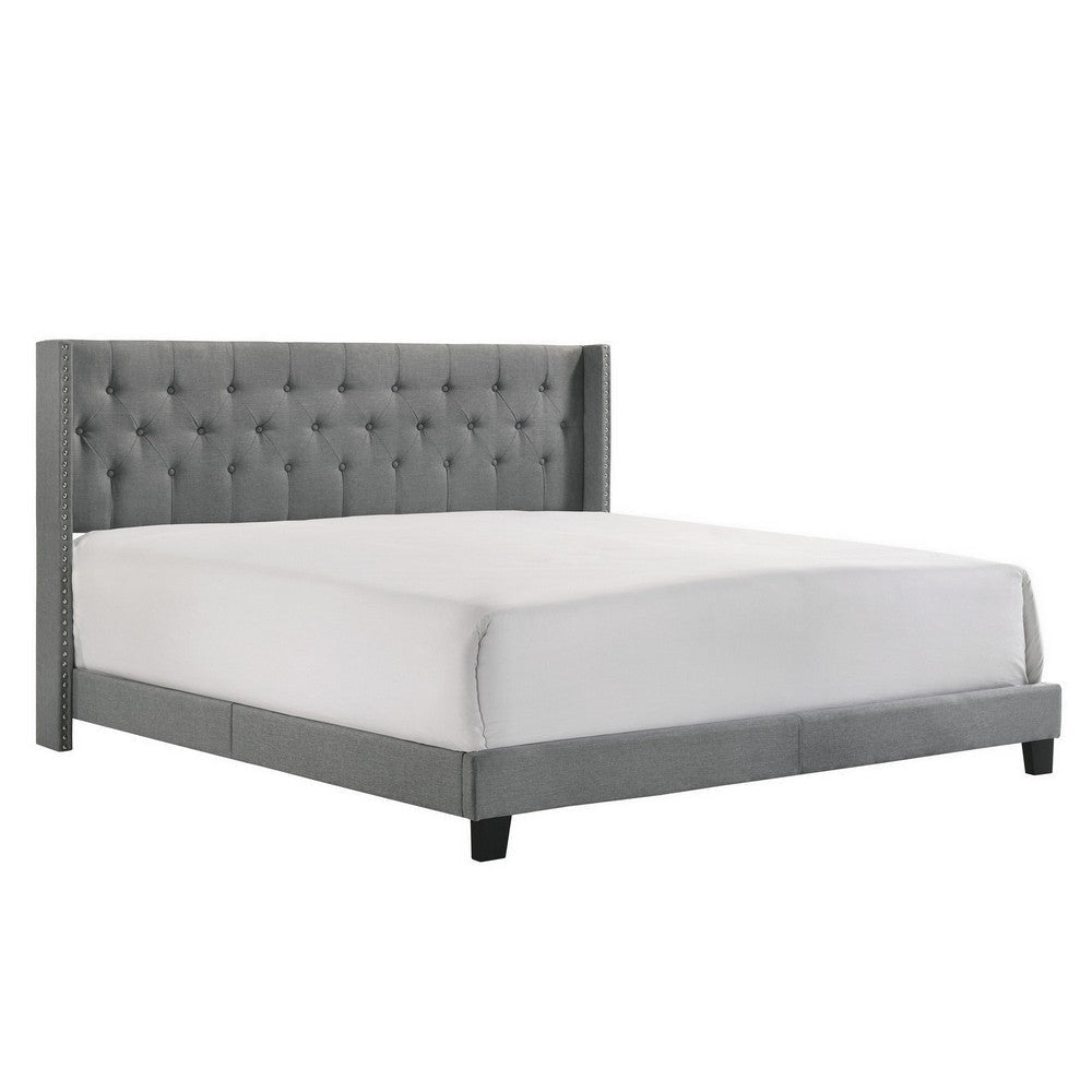 Lih California King Bed, Wingback Tufted Headboard, Wood Legs, Gray By Casagear Home