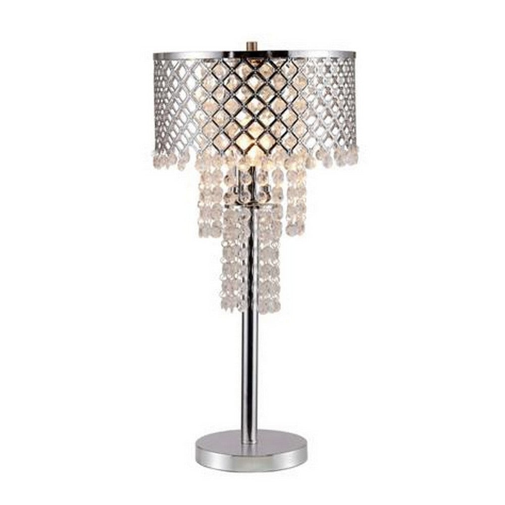 Denise 29 Inch Table Lamp, Glass, Metal Frame, Mesh Shade, Crystals, Gold By Casagear Home