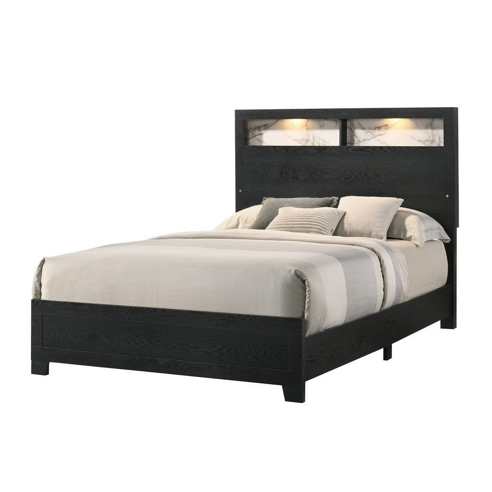 Yoh Queen Size Bed, Wood, Headboard with Lights and Shelves, Black By Casagear Home