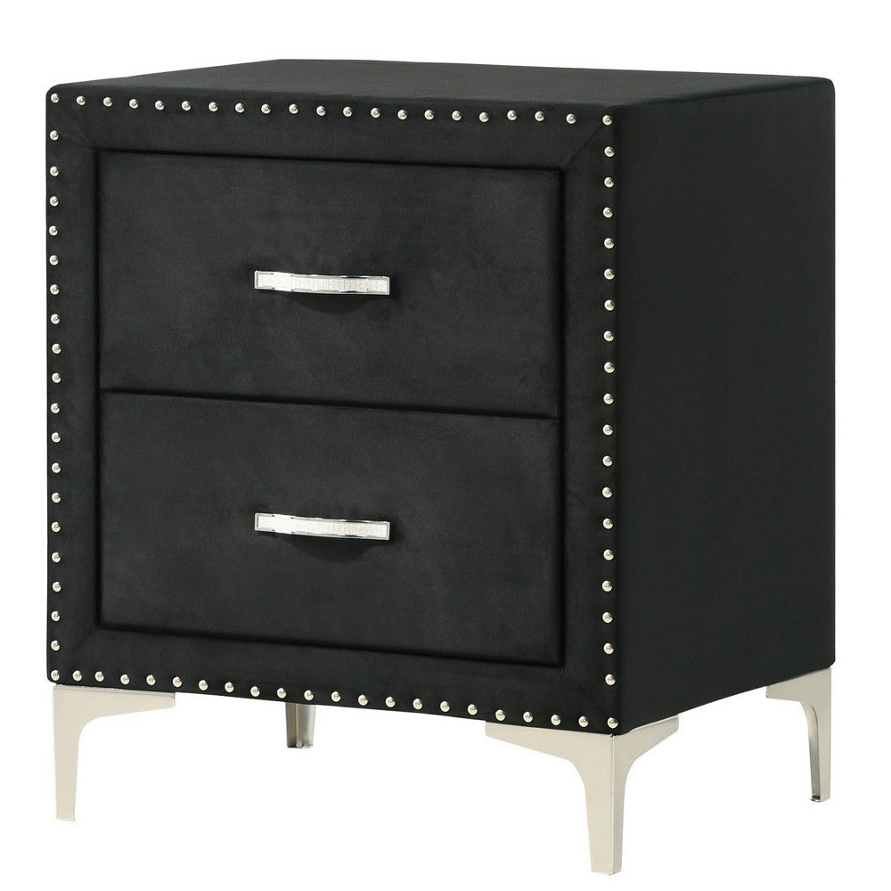 Moha 28 Inch Nightstand, Wood, 2 Drawers, Metal Handles, Black Velvet By Casagear Home