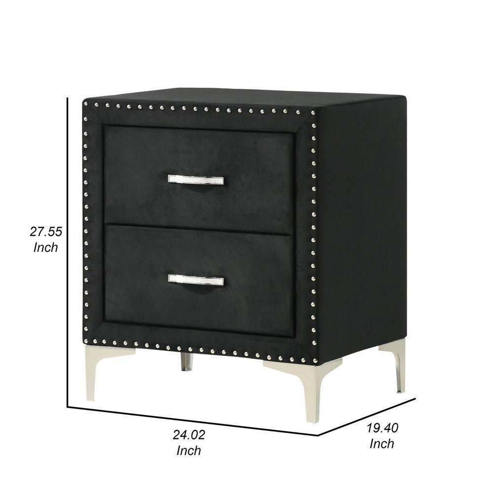 Moha 28 Inch Nightstand Wood 2 Drawers Metal Handles Black Velvet By Casagear Home BM311827