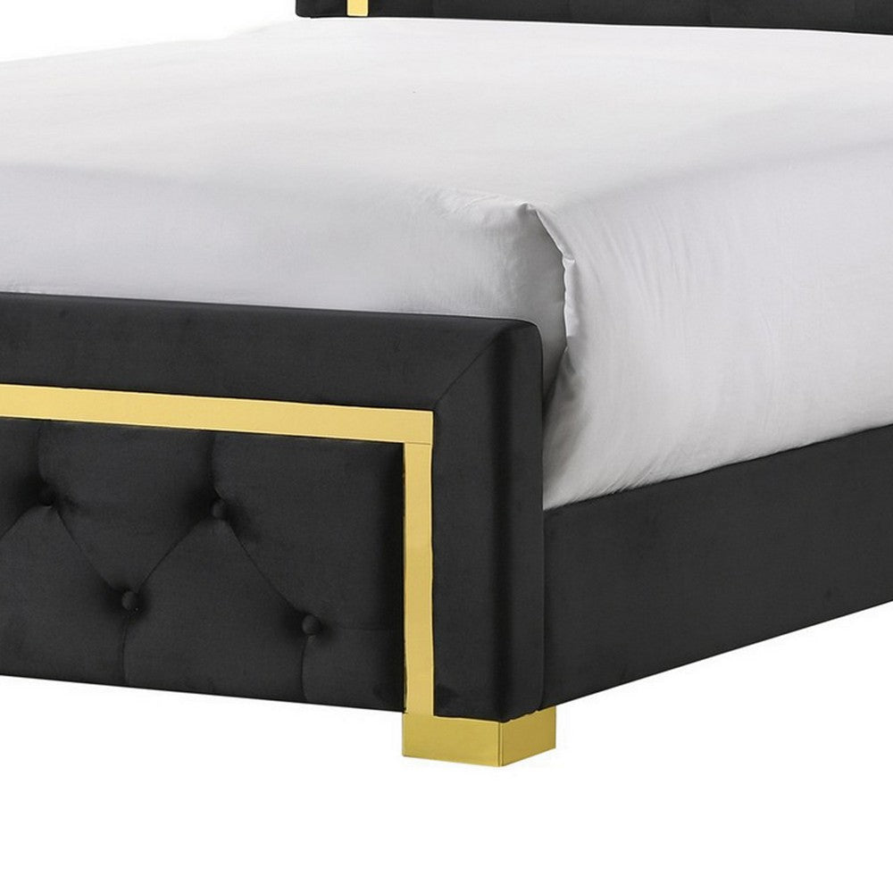 Robin Full Size Bed Platform Base Gold Button Tufted Black Upholstery By Casagear Home BM311846