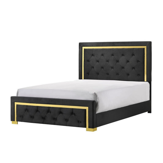 Robin Queen Size Bed, Platform Base, Gold, Button Tufted Black Upholstery By Casagear Home