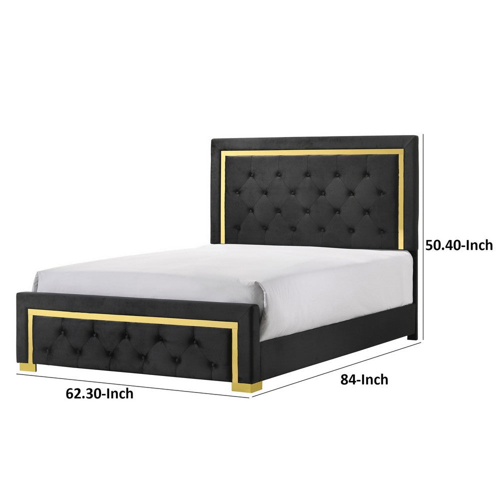 Robin Queen Size Bed Platform Base Gold Button Tufted Black Upholstery By Casagear Home BM311848