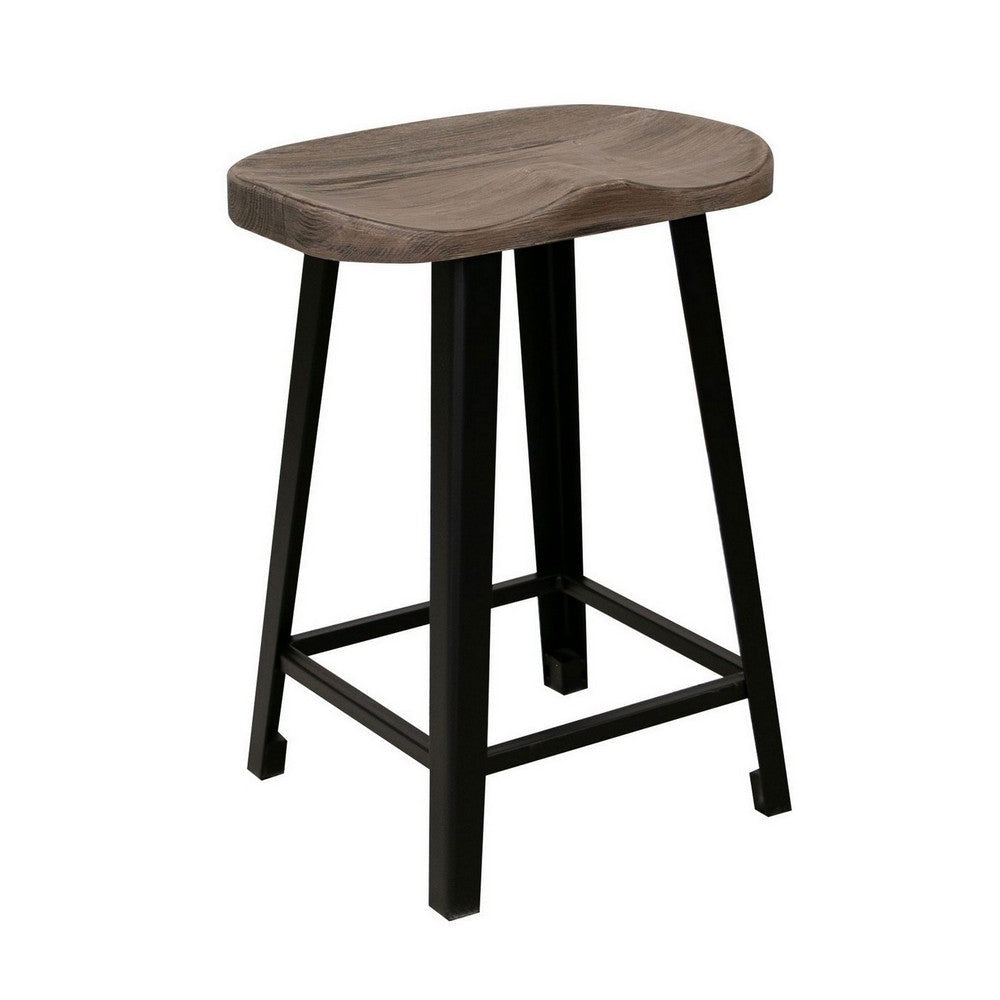 Simi 24 Inch Counter Height Stool, Industrial Black Metal Base, Brown Wood By Casagear Home