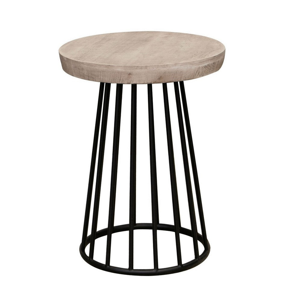 Rita 24 Inch Chairside Table Open Cone Base Off White Wood Black Metal By Casagear Home BM311860