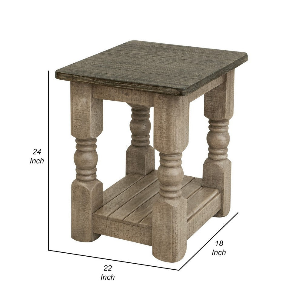 Nite 24 Inch Chairside Table Square Top Lower Shelf Brown Wood Frame By Casagear Home BM311875