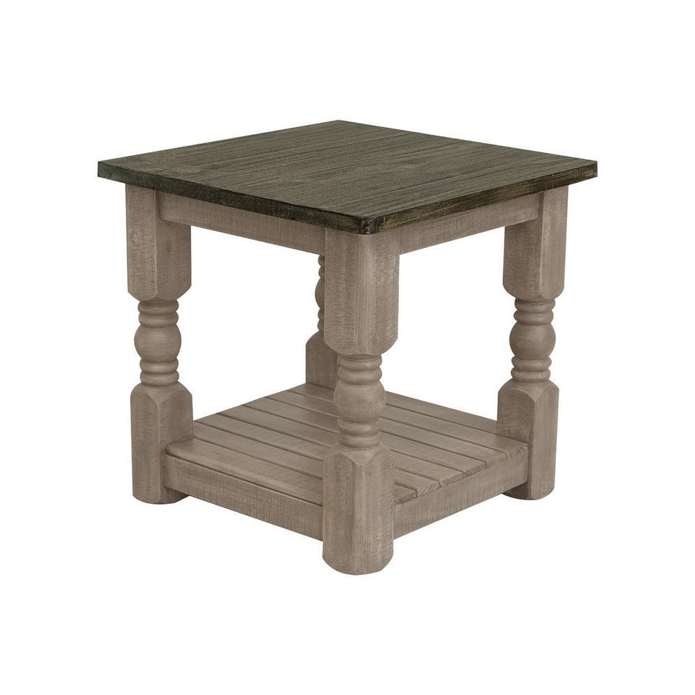 Nite 25 Inch Side End Table, Square Top, Lower Shelf, Rustic Brown Wood By Casagear Home