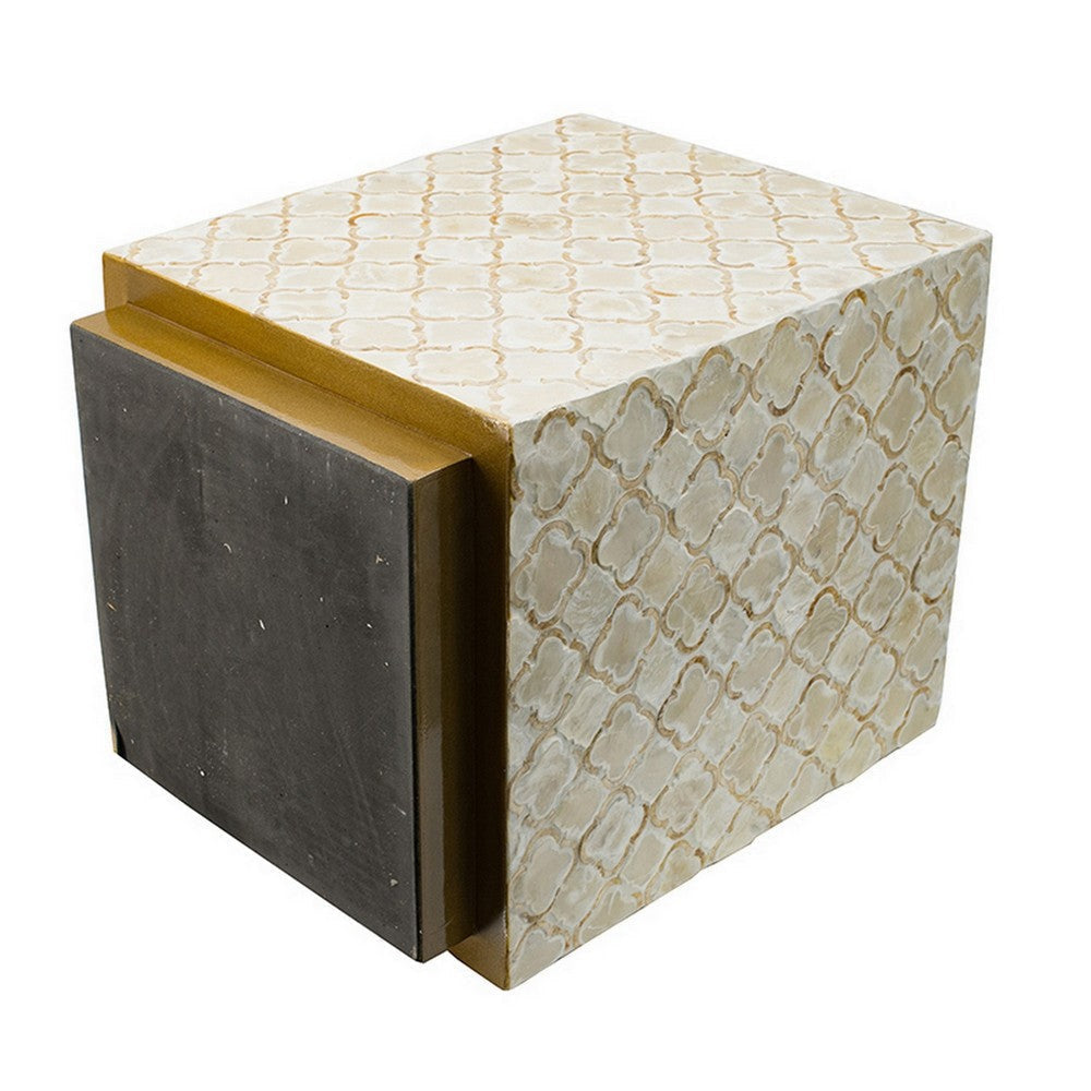 18 Inch Accent Side End Table Stool Square Cream Capiz Gold Base By Casagear Home BM311929